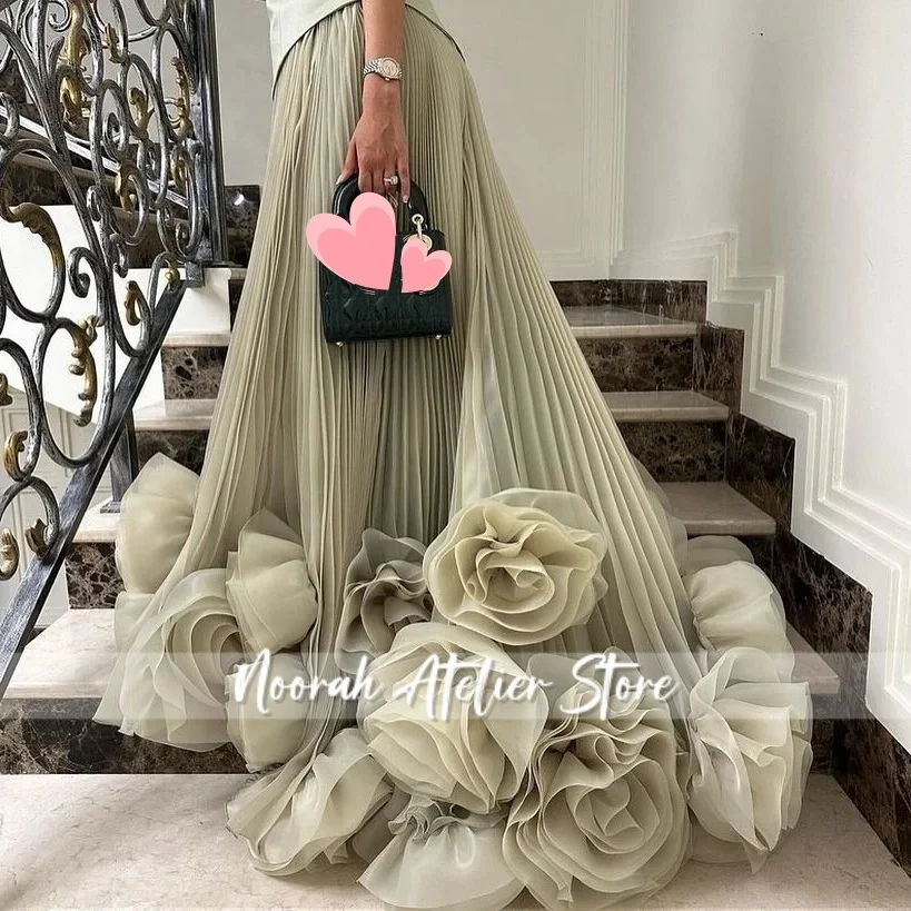 Elegant สีเขียวดอกไม้ Tulle ชุดราตรีซาติน Aline Saudi Arabric มุสลิมอย่างเป็นทางการโอกาส Vestidos De Fiesta Noche ที่กําหนดเอง