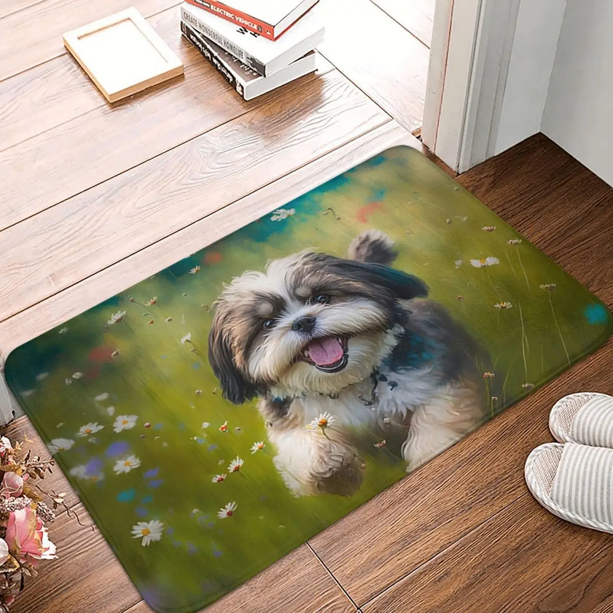 Cute Shih Tzu Dog Play In Grass Doormat Kitchen Entrance Home Floor Mat Non-slip Carpet Rug for Bathroom Footpad Mats
