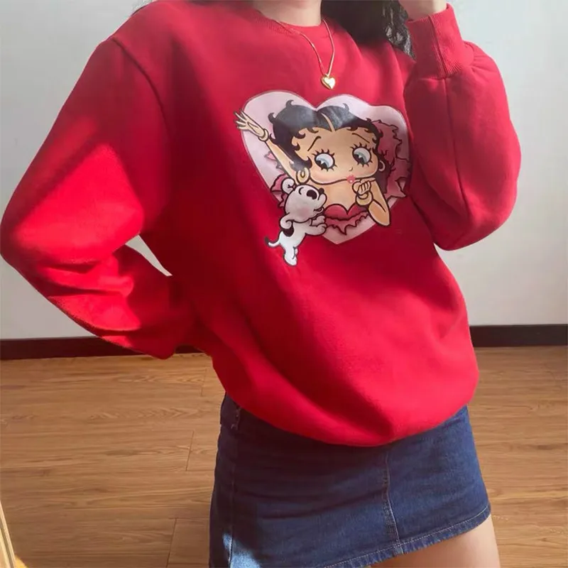 80s 90s American Vintage Cartoon Print Girl's Pullover Autumn Thick Warm Long Sleeve Jumper Loose Cotton Women Sweatshirts Y2K