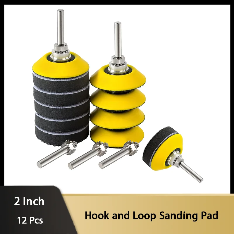 12 Pcs 2 Inch 50MM Hook and Loop Sanding Pad with 1/4 Inch Drill Sanding Attachment and Foam Sanding Pads for Polish Wood Metal