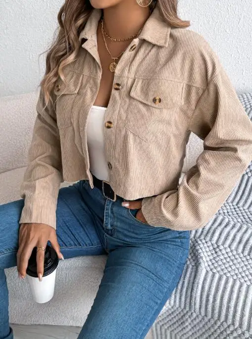 

2025 Autumn and Winter Casual Pocket Long Sleeved Corduroy Short Jacket for Women's Clothing