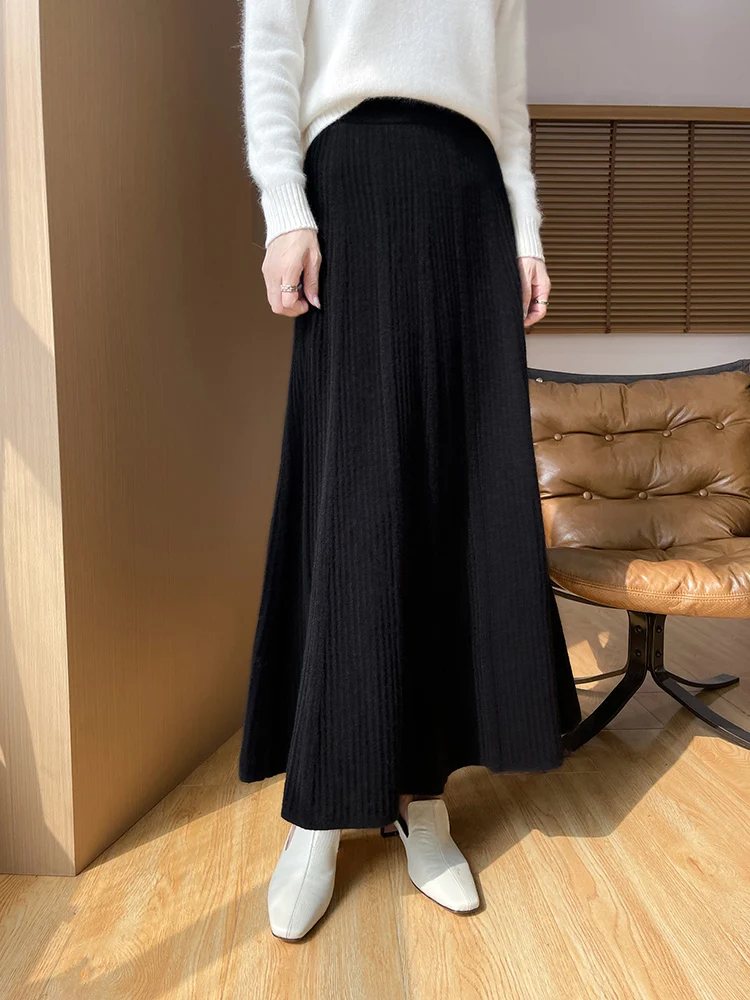 New cashmere knitted wool pleated skirt in autumn and winter without a long belly overskirt