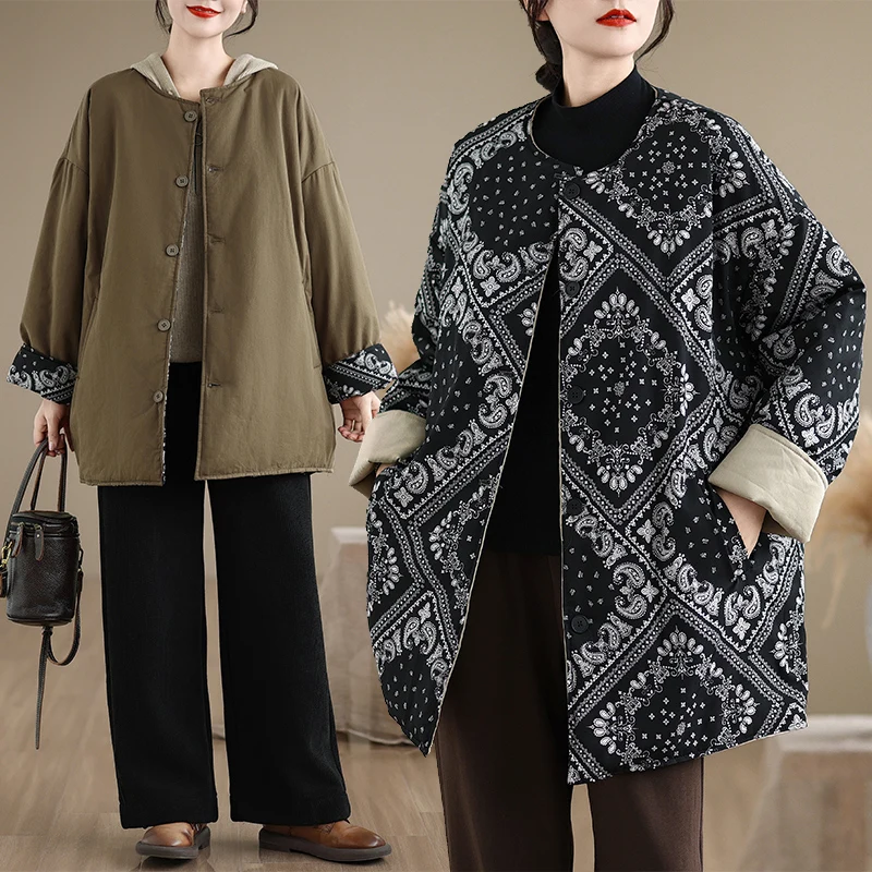 

Artistic Vintage Double-Sided Wear Cotton Print Jaet Medium-Length Fluffy Outerwear Slimming Cotton Coat for Autumn Winter