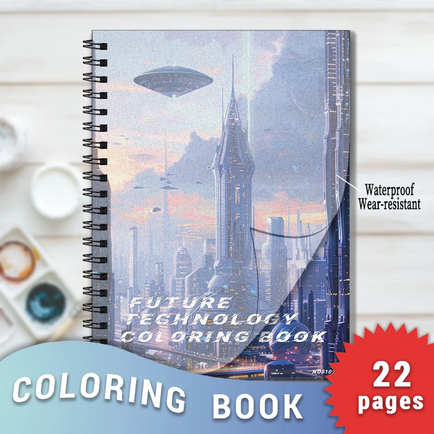 Future Technology Coloring Book-8.3 x 11.2 inches 22 page high-tech coloring book, helpful in relieving stress and emotions, pos