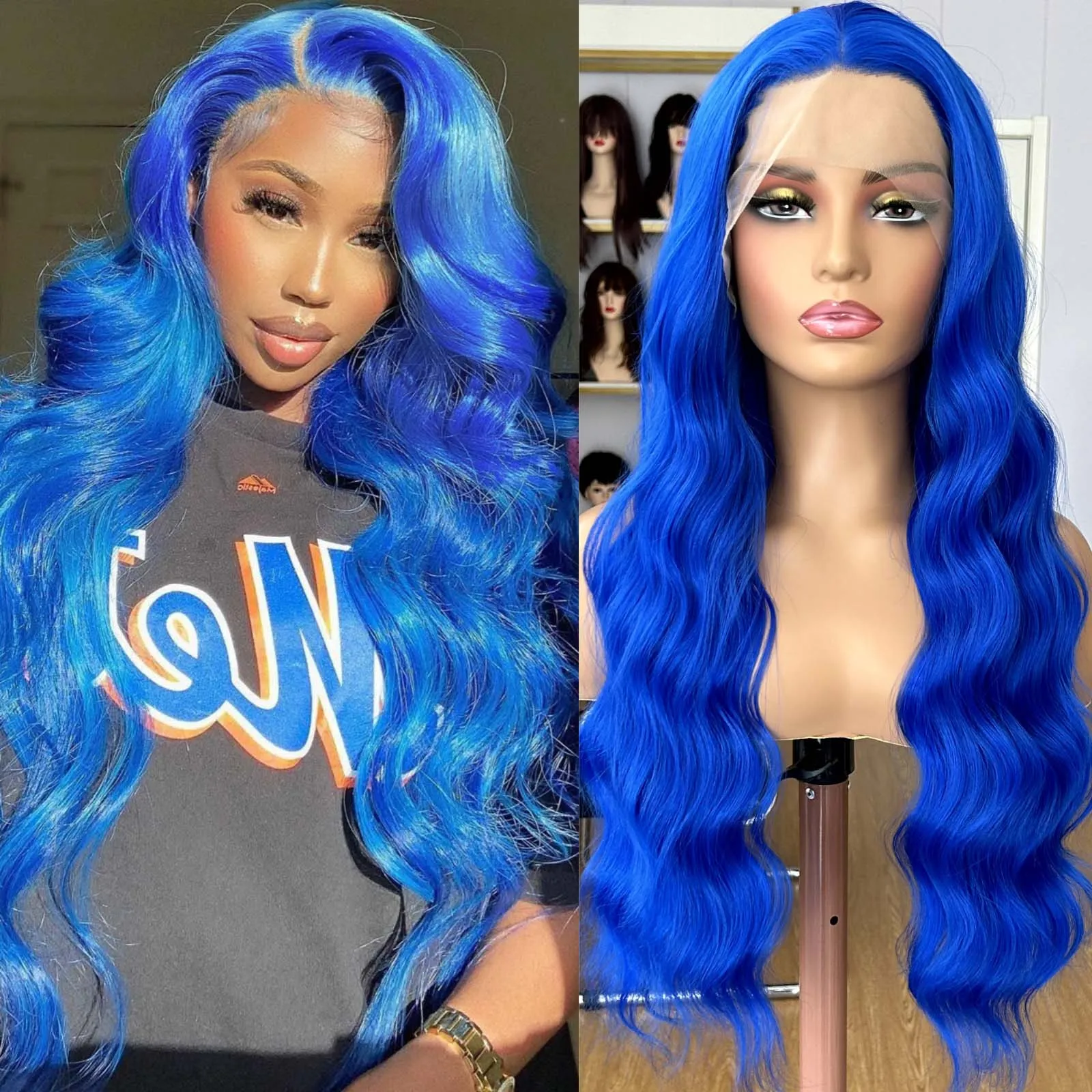 

Long Blue Curly Wavy Wigs for Women Synthetic Hair Free Part Loose Deep Wave 13X4 Lace Front Colored Wigs for Party Cosplay