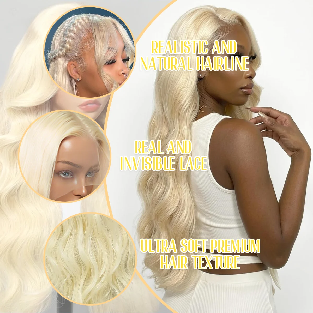 Blonde Body Wave Human Hair Wigs 613 Blonde #613 200% Density 40 Inches 13x6 13x4 HD Transparent Invisible Lace Frontal Wig Brazilian Hair For Women Pre Plucked Pre Cut Lace Pre Bleached Knots Pre Styled