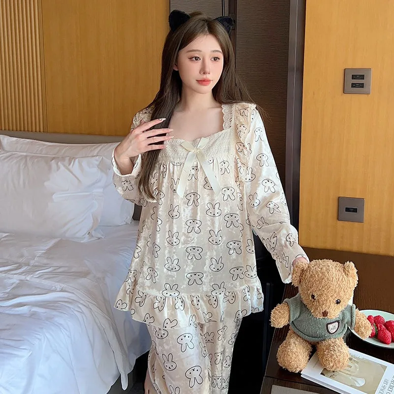 Ladies New Gold Velvet Pajamas Spring Autumn Women Lace Home Wear Suit Square Mouth Collar Loose Sweet Leisure Sleepwear Set