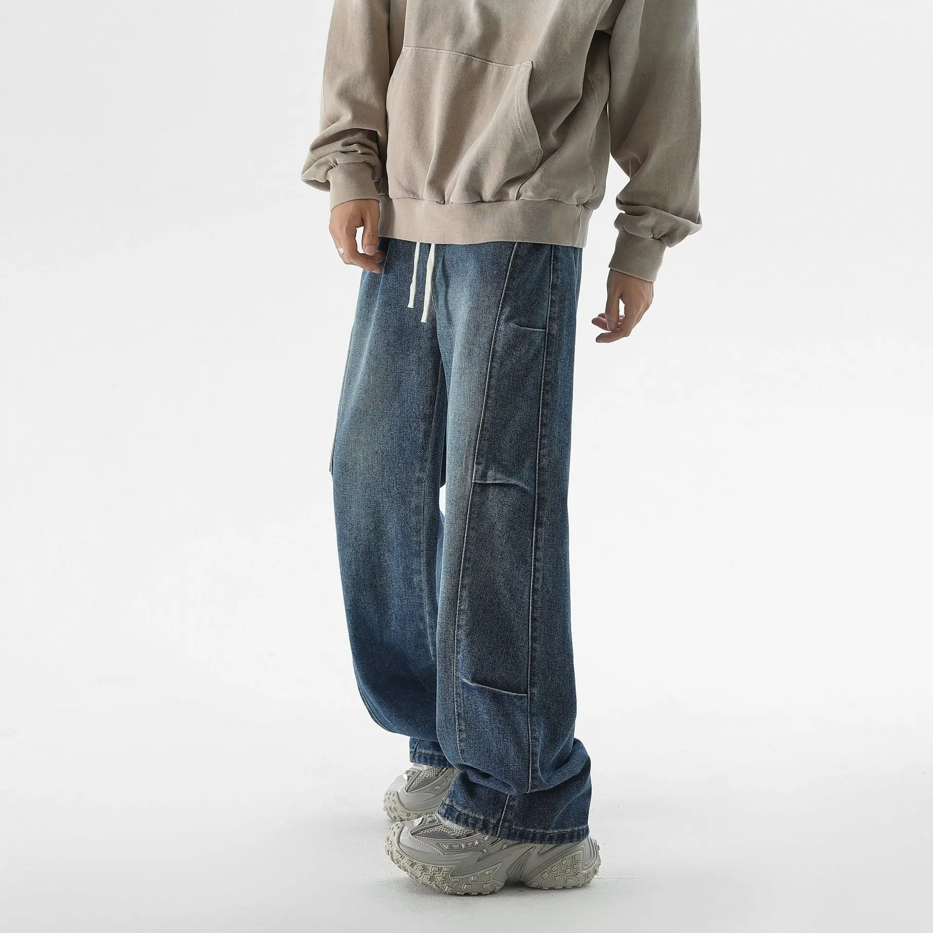 

Autumn Winter Splicing Pleated Design Jeans Men Drawstring Loose Wide Leg Straight Leg Pants