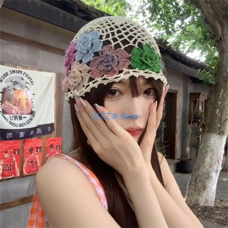 

T21F Summer Lady BeachPhoto Hat Selfie Beanie Headwear Sweet Girl Handcrochet Hat