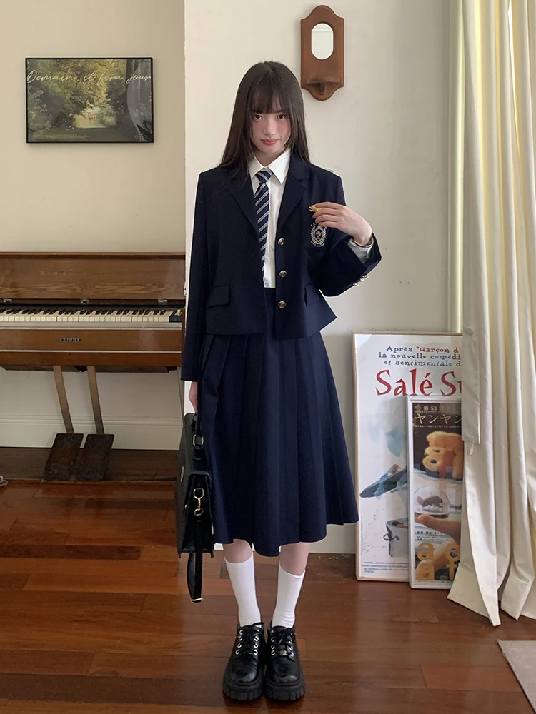 

Original JK Uniform School Style Spring Early Season Women's Royal Blue Suit Jacket And Midi Skirt Set Casual Fashion Ensemble