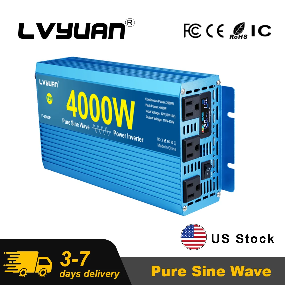 4000W/7000W Pure Sine Wave Inverter DC12V 24V to AC110V-120V 60Hz with 3 US Socket 2 USB for RV/Van life/Truck/Camping/Emergency Power