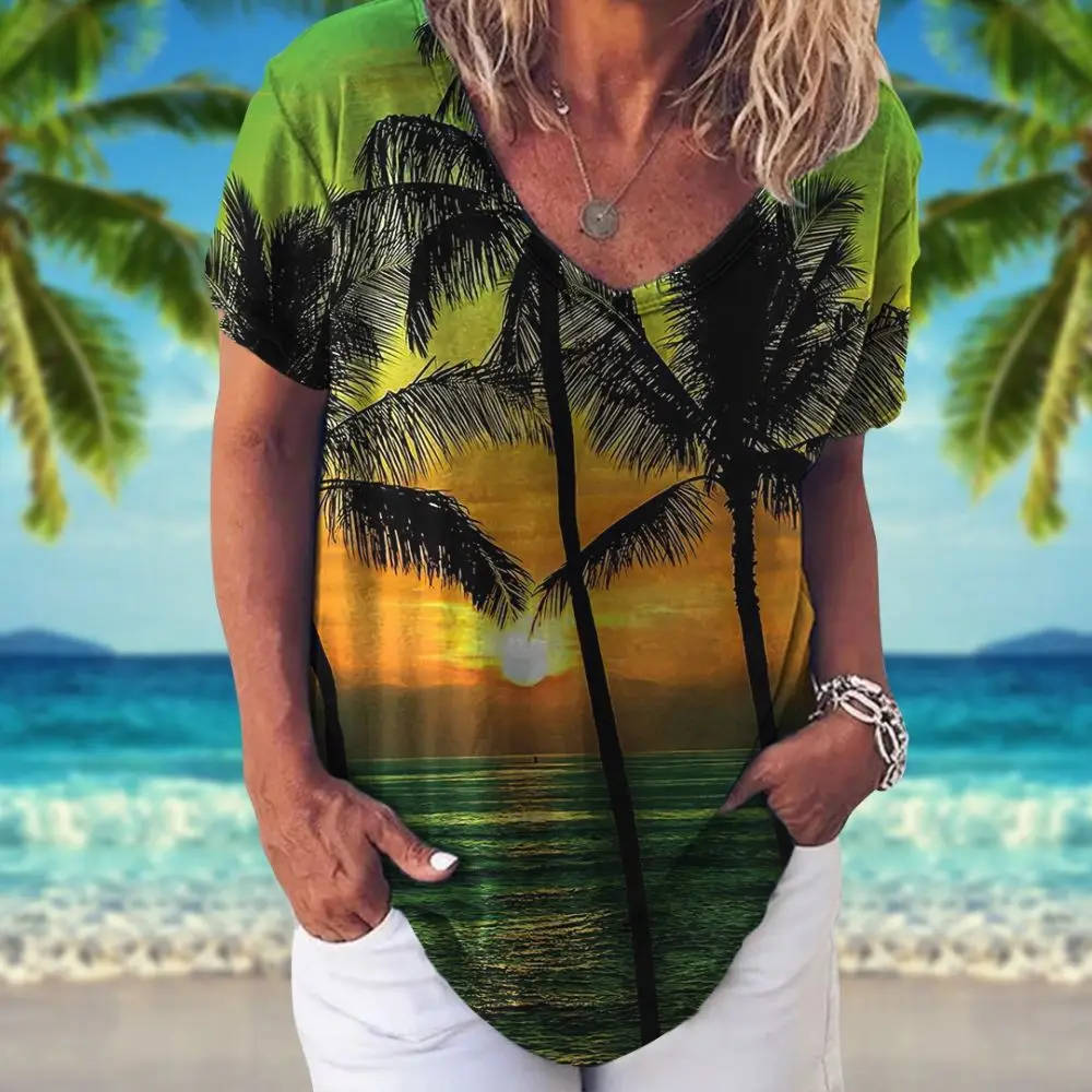 Zomer Vrouwen T-shirt Hawaiian Shirt Kokospalm Patroon V-hals Korte Mouw Tops Vakantie Kleding 5xl Meisjes Tee Dames Kleding