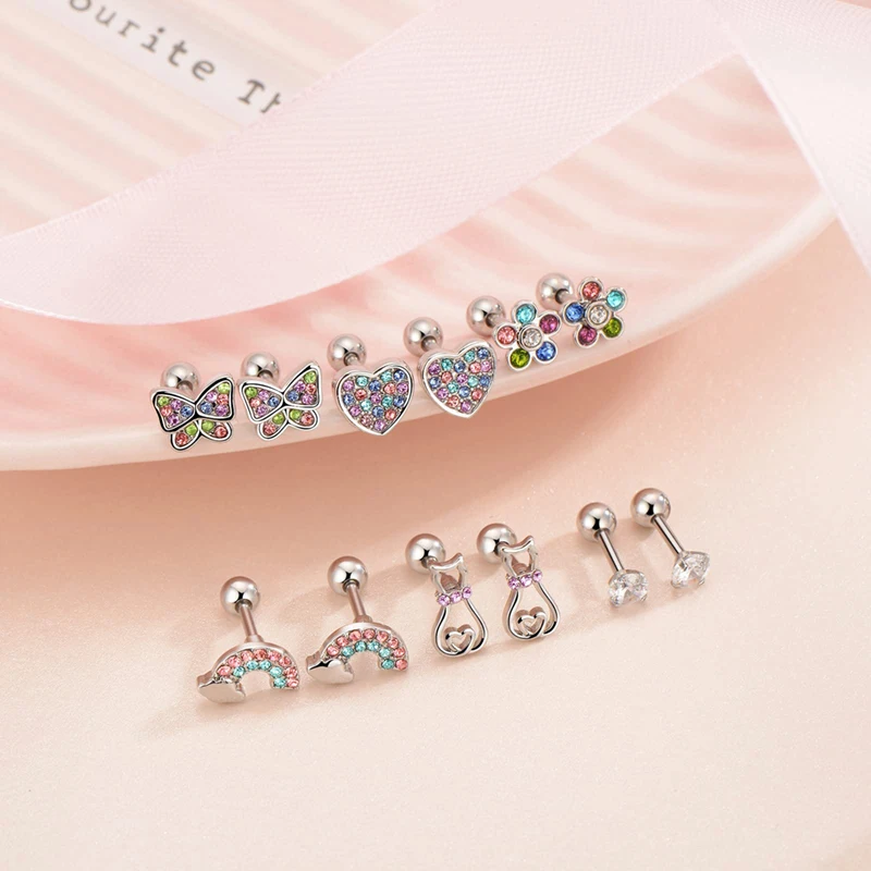 6 pairs of 316L stainless steel screw earrings for women, set with shiny square stone, can be used as birthday, Christmas gifts