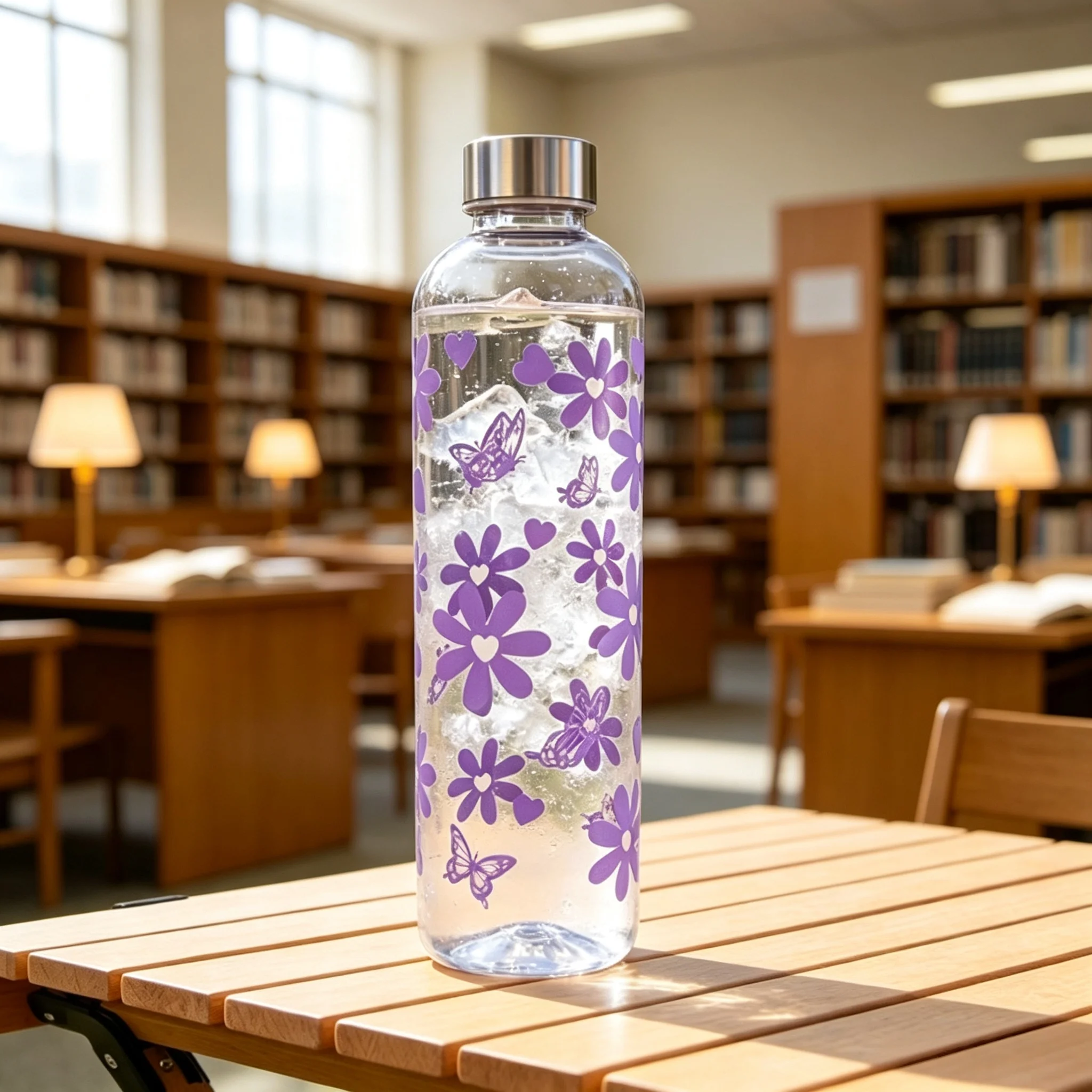 Transparent Plastic Water Bottle with Bow Print, Stainless Steel Screw Lid Reusable Water Bottle for Camping Outdoor
