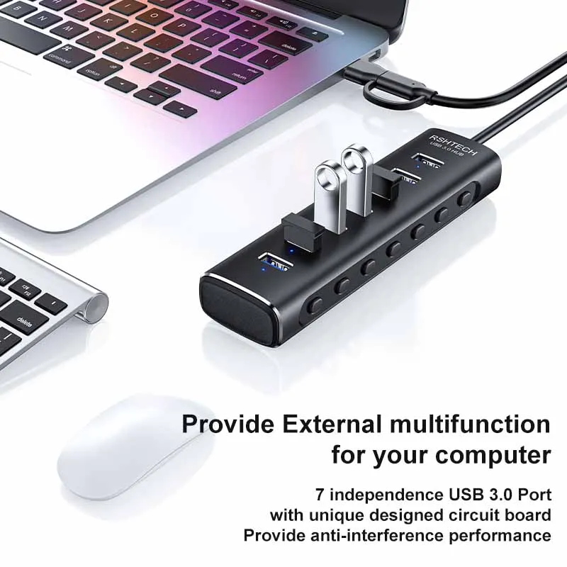 RSHTECH 3.0 USB Hub 7-Port Powered 5Gbps USB Data Hub Splitter with Individual on/Off Switches USB Extension for MacBook Laptops