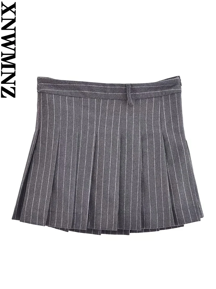 XNWMNZ 2024 Women\'s Fashion Pinstripe Blended Blazer or Box Pleated High Waist Mini Skirt High Street Female Two Piece Set