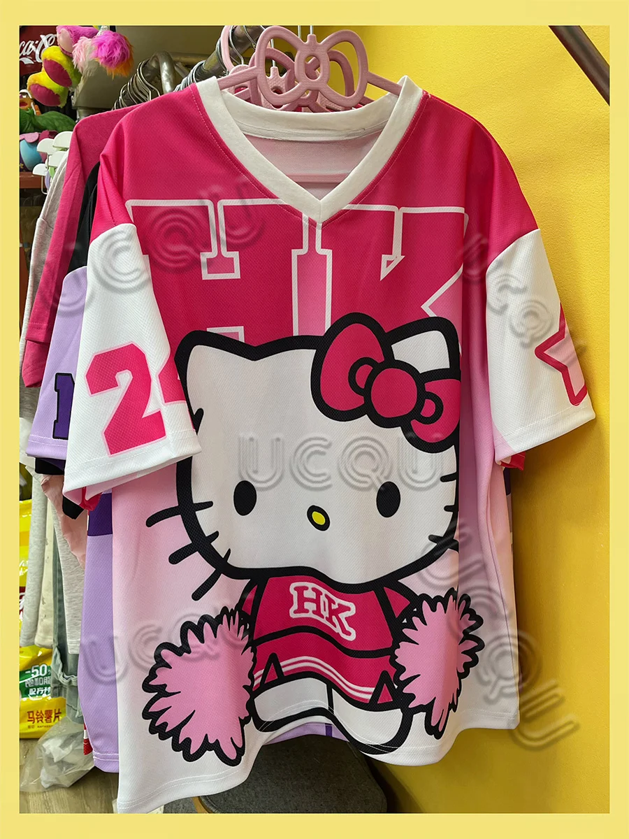 

Cartoon Hello Kitty Tshirt Cartoon Sportswear Women Men V-neck Pajamas Loose Casual Lightweight Breathable Streetwear Tops