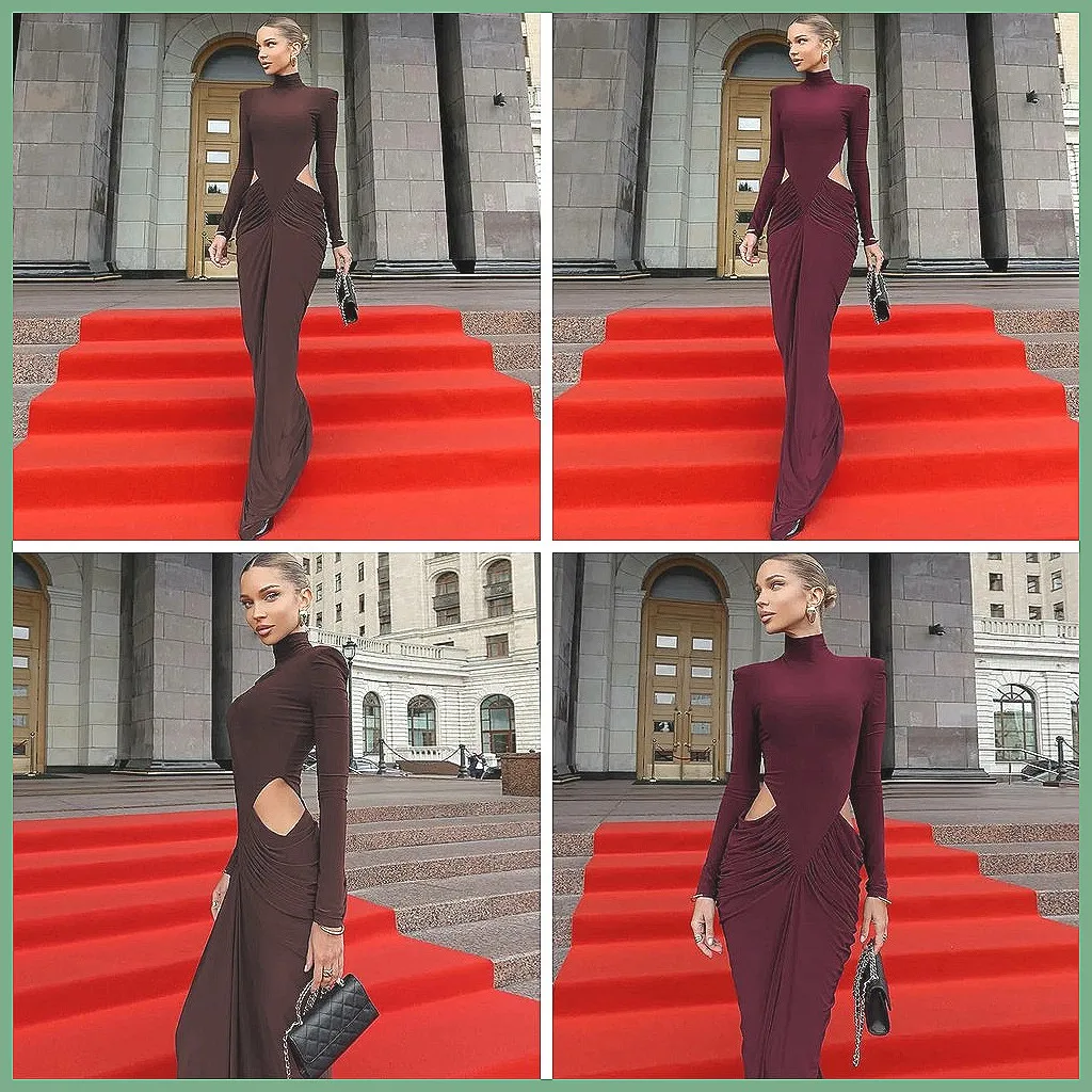 Elegant Ruched Bodycon Maxi Dress Long Sleeve Turtleneck Party Club Evening Dress for Women