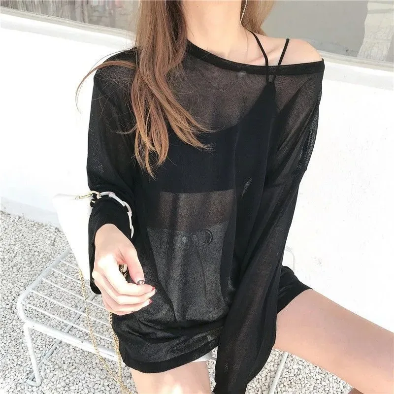 

Summer New Thin Ice Silk Long Sleeve T Shirt Tops O Neck Loose Versatile Youth Pullovers Simplicity Casual Women Clothing