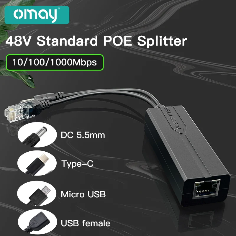 ตัวแยก PoE มาตรฐาน48V ถึง5V 12V 2.2A 1.2A Micro USB tpye-C 100M/1000M POE หัวฉีดกล้องแหล่งจ่ายไฟสำหรับ Huawei Hikvision