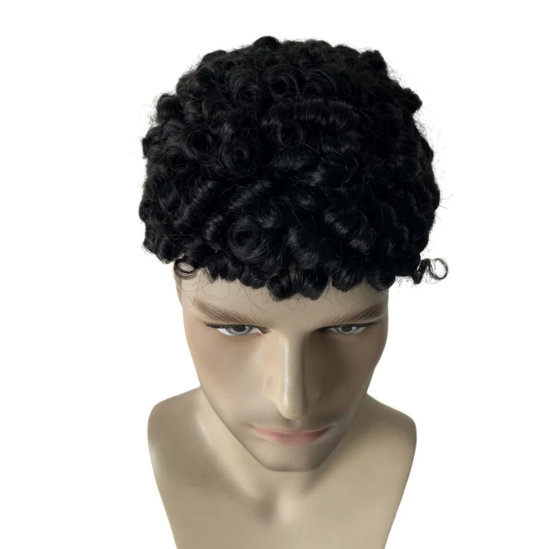 Brazilian Virgin Human Hair Systems Jet Black Color 1# 15mm Curl Unit 7x9 Mono Lace Toupee for Black Men