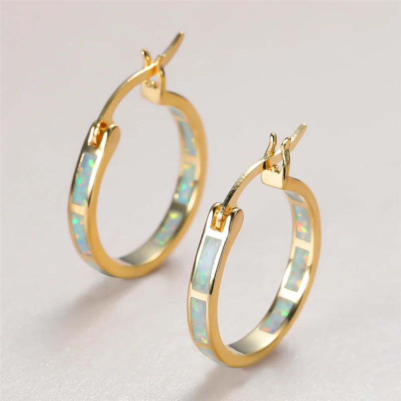 Pendientes de boda de color oro amarillo para mujer, pendientes redondos grandes de estilo Vintage para novia, joyería Boho para mujer, joyería de ópalo azul y blanco