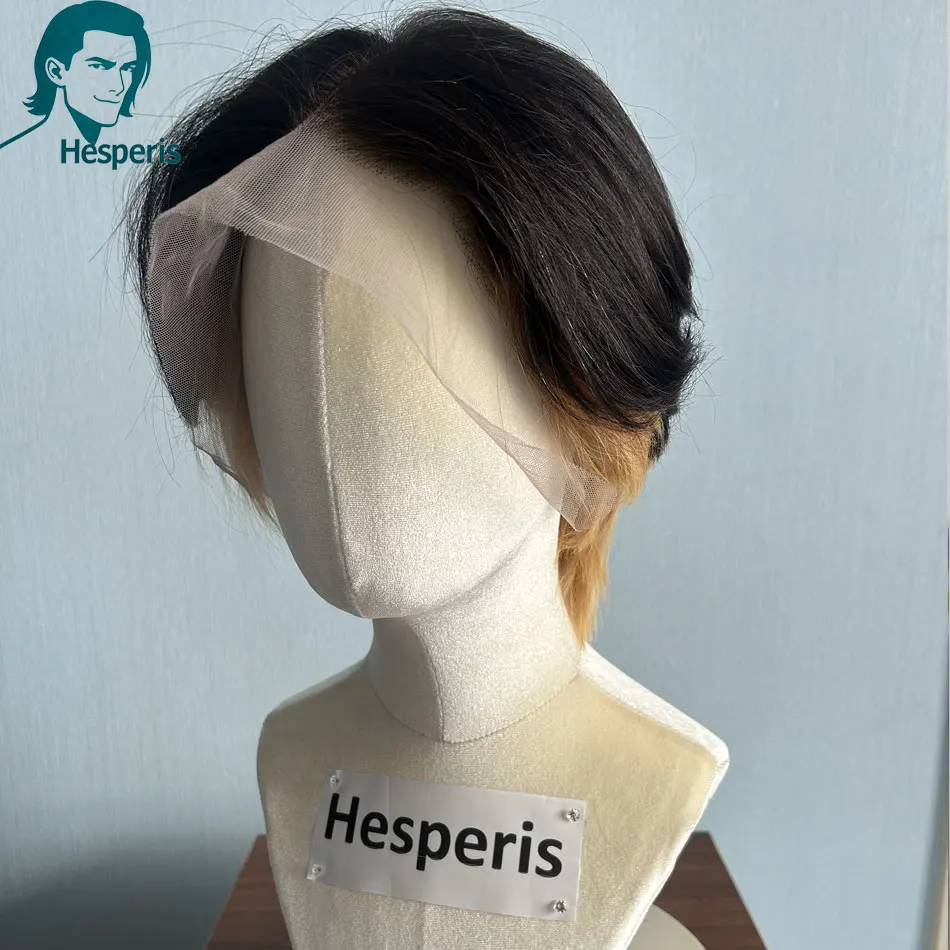 

Мужской парик Hesperis из натуральных светлых волос с центральным пробором, короткая стрижка пикси, прозрачный кружевной фронт, предварительно уложенный # 27 цветов