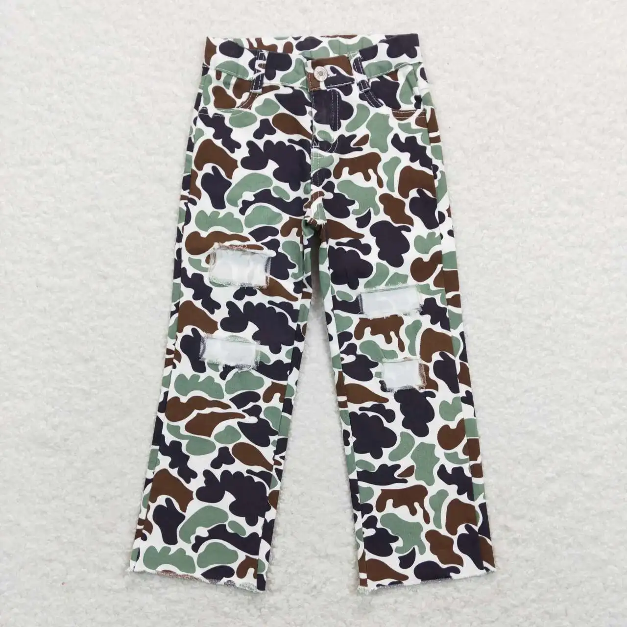 

wholesale western boutique trousers hot sale new design baby girls clothes Brown and green camouflage ripped denim trousers