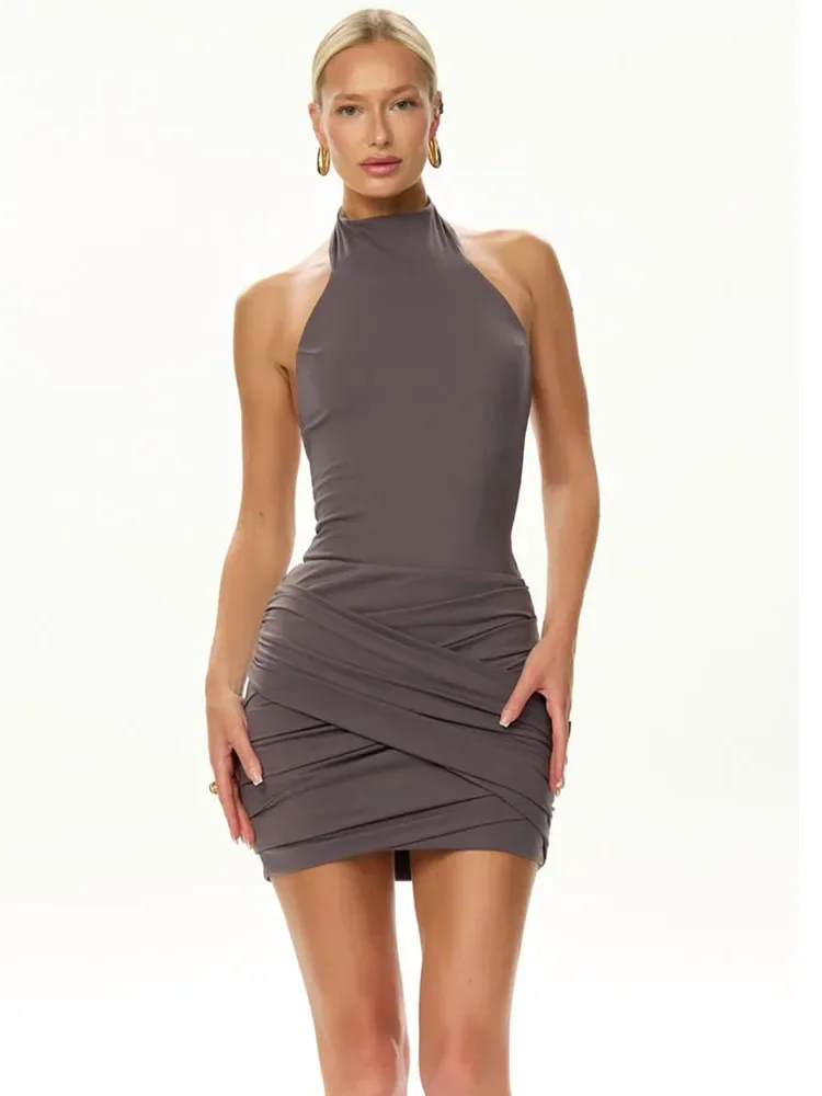 

Half High Collar Sleeve Ruched Sexy Mini Dress Women Fashion Off-shoulder Sleeveless Backless Ruched Club Party Dress