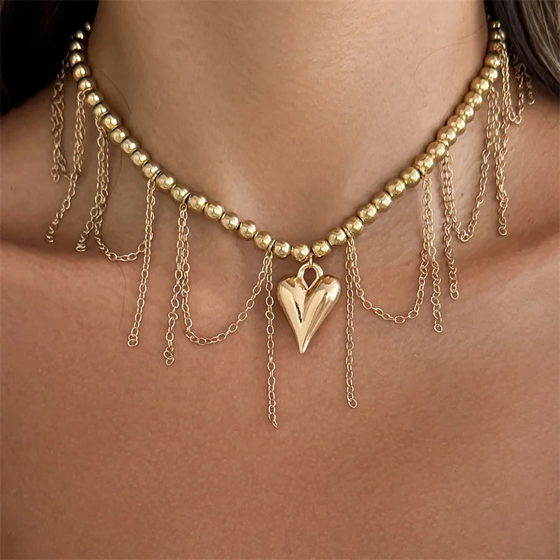 

Fashion Heart Chain Tassel Necklace For Women High-End Metal Alloy Love Choker Necklace Office Party Jewelry Gifts