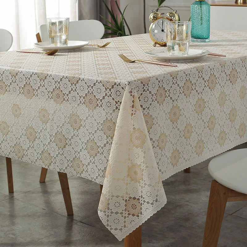 PVC Lace Tablecloth Waterproof Washable and Erasable Table Linen Tea Table Cloth Rectangular Table Cover Mica Color