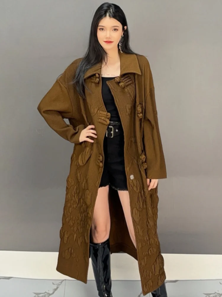 

Vefadisa 2024 Autumn New Brown Retro Jacquard Women Trench Coat Lapel Long Sleeve Temperament Mid-length Trench Coat ZXY1168A