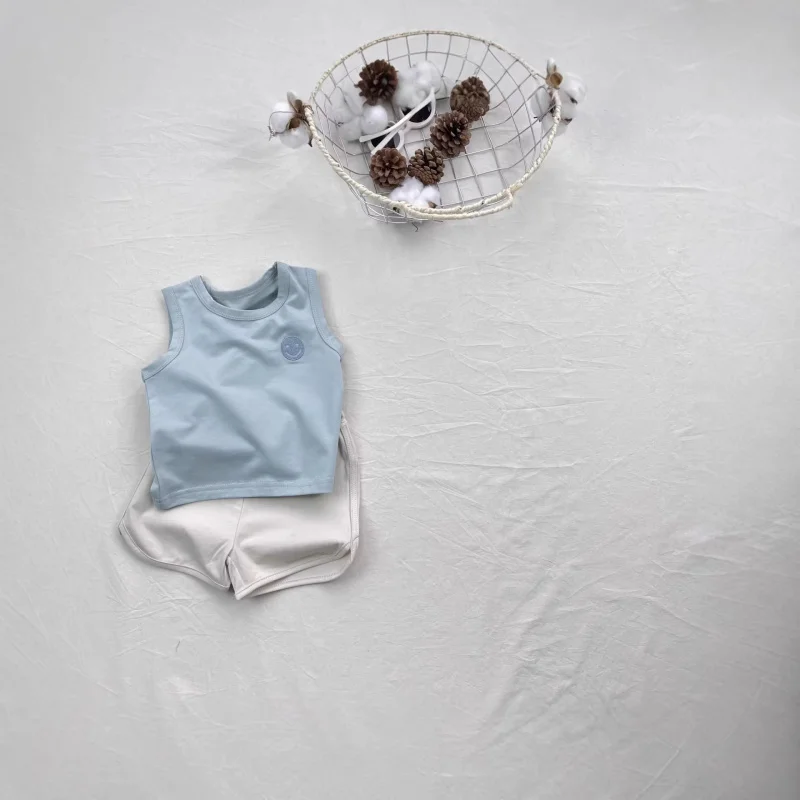 insTwo-piece vest set with smiley face embroidery for boys and girls, baby and children's suit vest+Summer Breathable Shorts Set