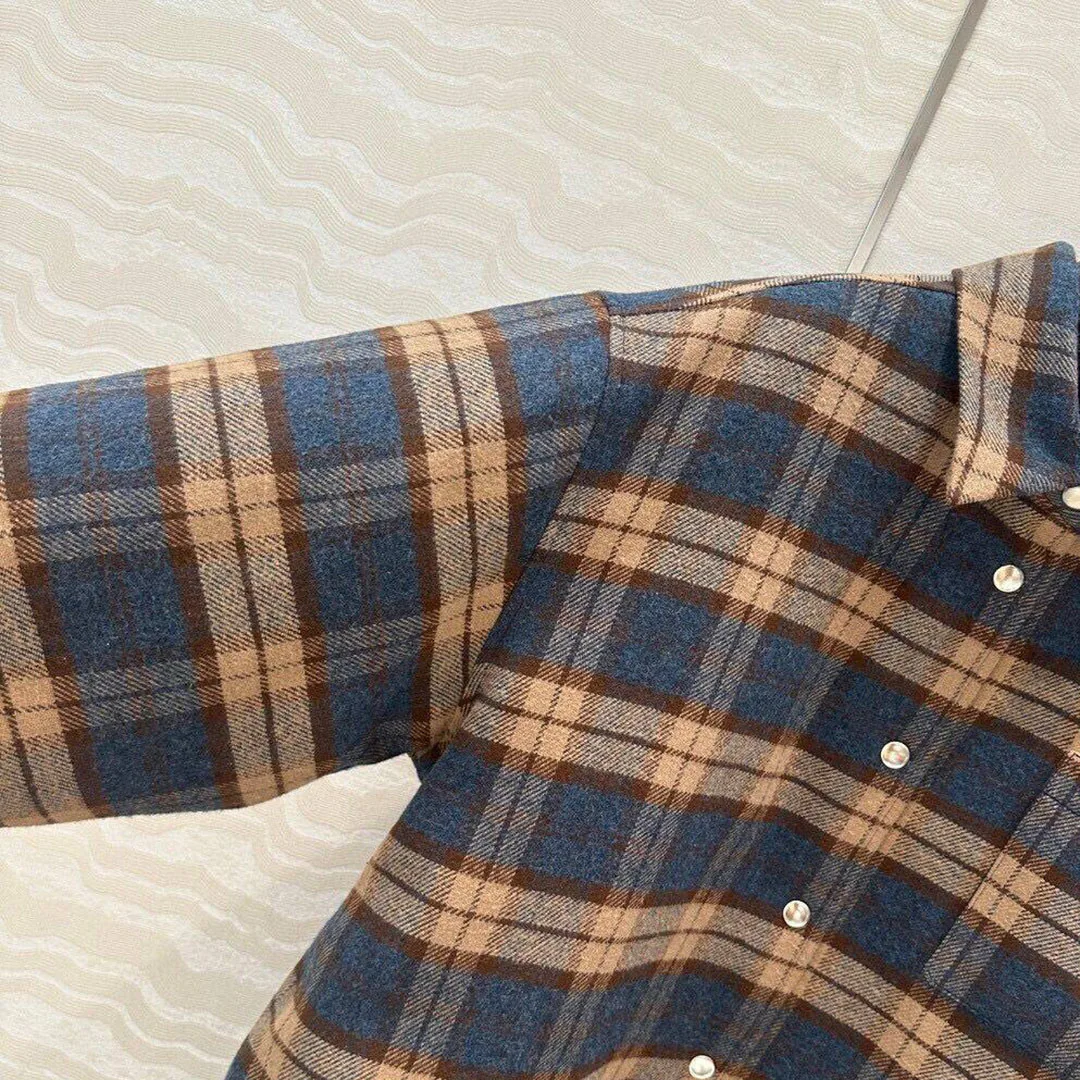 2024 New Autumn Vintage 100% Wool Contrast Plaid Shirt Style Jacket Women Turn-down Collar Long Sleeve Buttons Streetwear Coat