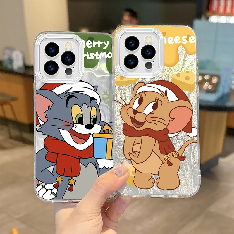 Cute T-Tom And J-Jerry Christmas Gradient For iPhone 16 Pro Max Case 15 14 13 12 11 8 7 Pro Max Plus XS XR Hard Shockproof Cover