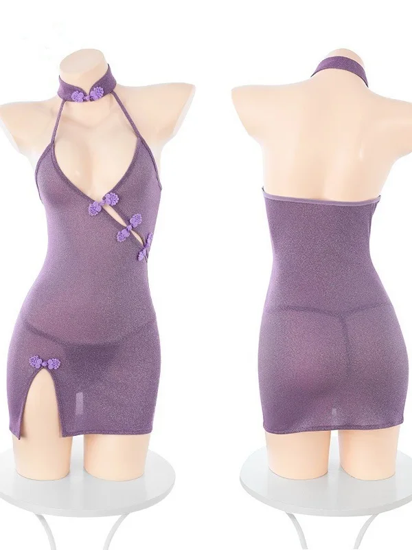 여성용 V넥 노출 가슴 사선 오픈 치파오, 에로틱 섹시 청순 욕망 원피스, 우아한 보라색 QYC7, 럭셔리 향수, 신상