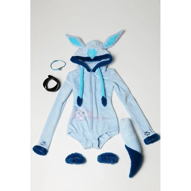 푹신한 바디콘 롬퍼 섹시 란제리 애니메이션 파생 블루 퍼리 후드 바디수트 Vaporeon 코스프레 홈웨어 (꼬리 벨트 양말 포함)