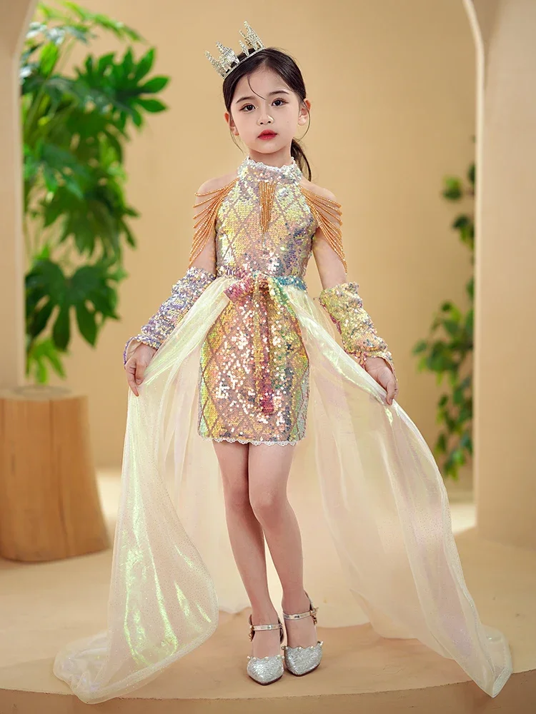 

Children's Walk Dress Girl Model Personality Show High end Fashion Host Sequential Stage Piano Performance Dress girl clothes