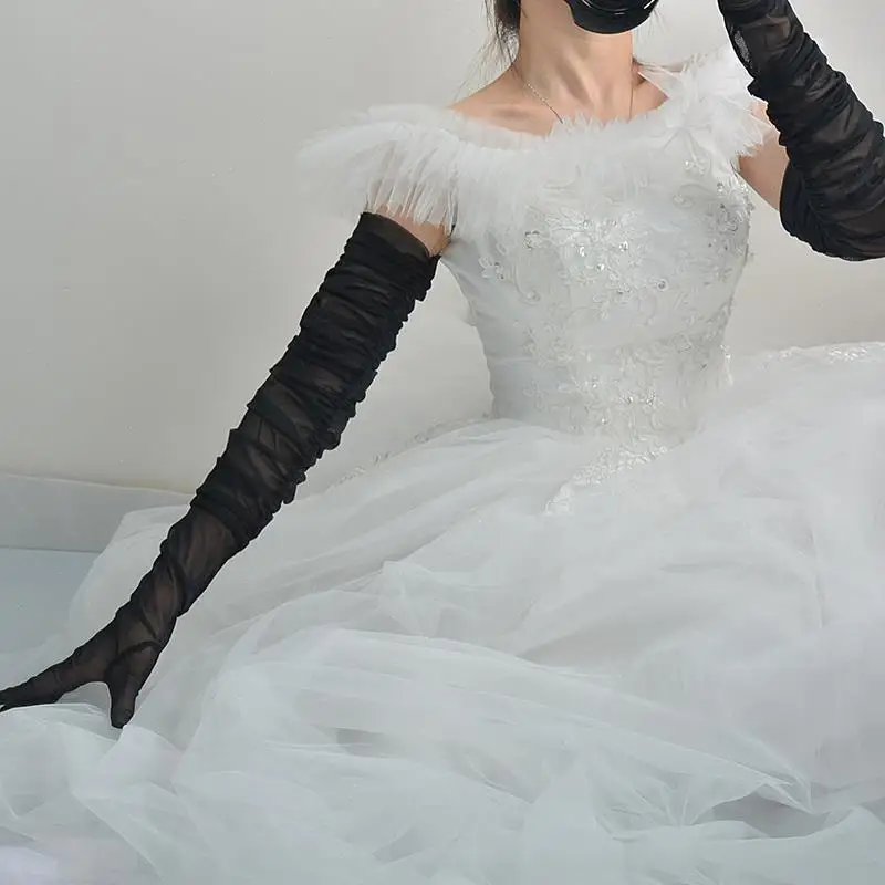Black silk white silk gloves with extra long high elastic lace mesh translucent perspective black wedding dress touch screen