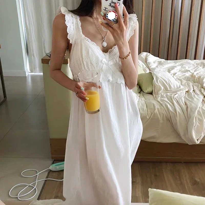 Summer Womens Princess Dress White Sleeveless Sleepshirts Vintage Lady Girls Nightgowns Nightdress Royal Style Pajamas Sleepwear