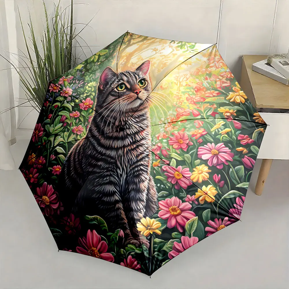 1PC Umbrella with a Cat and Garden Scene Print 8 Iron Ribs Folding Umbrella Auto-Open Fashion Sunshade