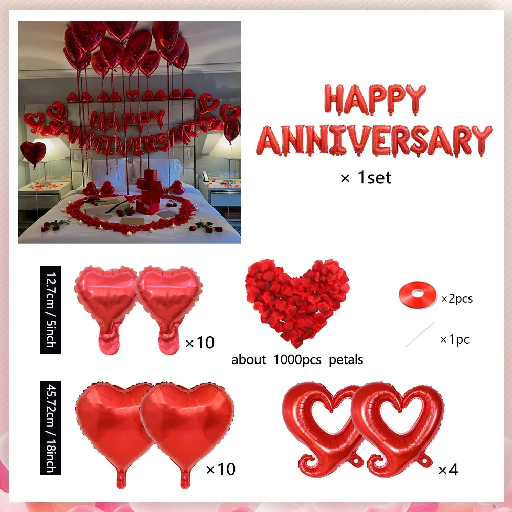 Happy Anniversary Dekoration, roter Herzballon, Happy Anniversary Banner, Rosenblätter, Hochzeit, Valentinstag-Romantik – Detail 6