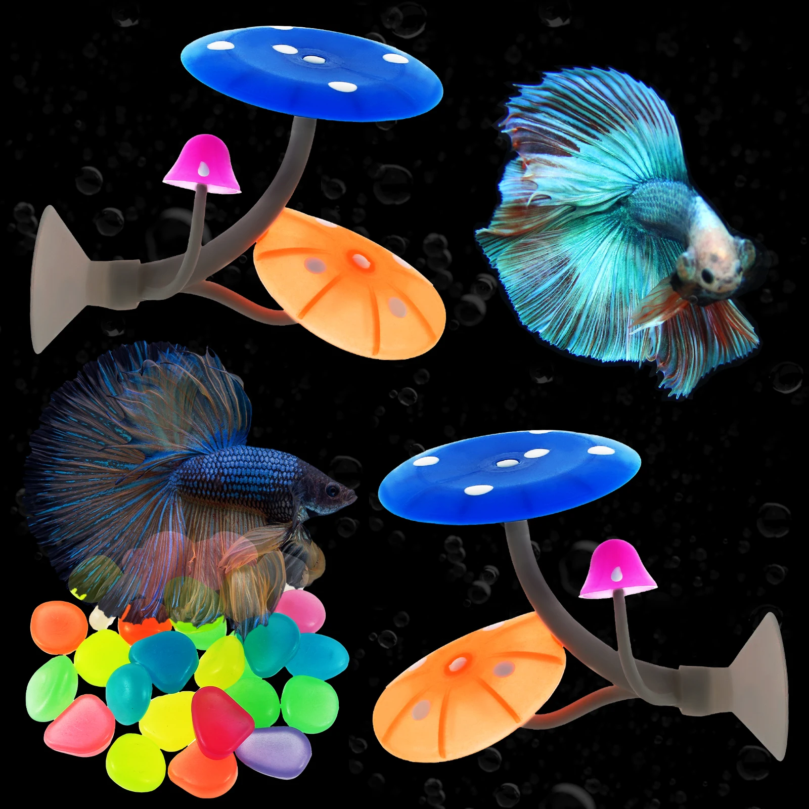 2Pcs Betta Fish Mushroom Hammock with 30 Luminous Stone Soft Silicone Aquarium Rest Bed with Suction Cup Colorful Lifelike