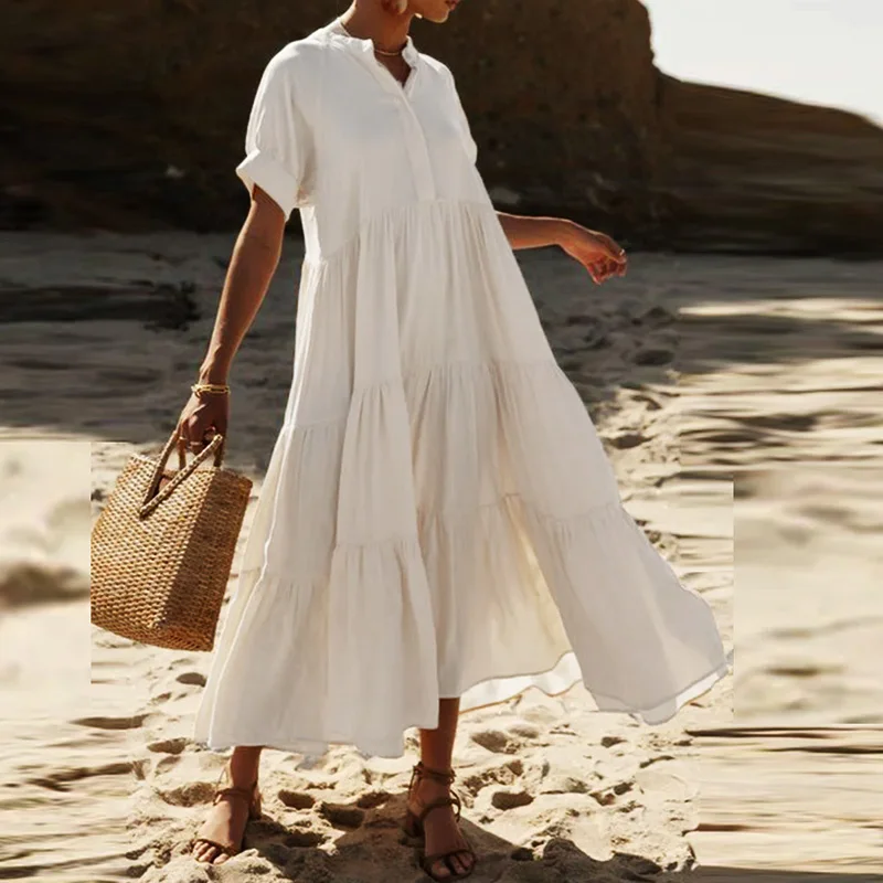 Summer Bohemian Dresses For Women V Neck Casual Long Dress Women Elegant Solid Maxi Dresses For Women 2024