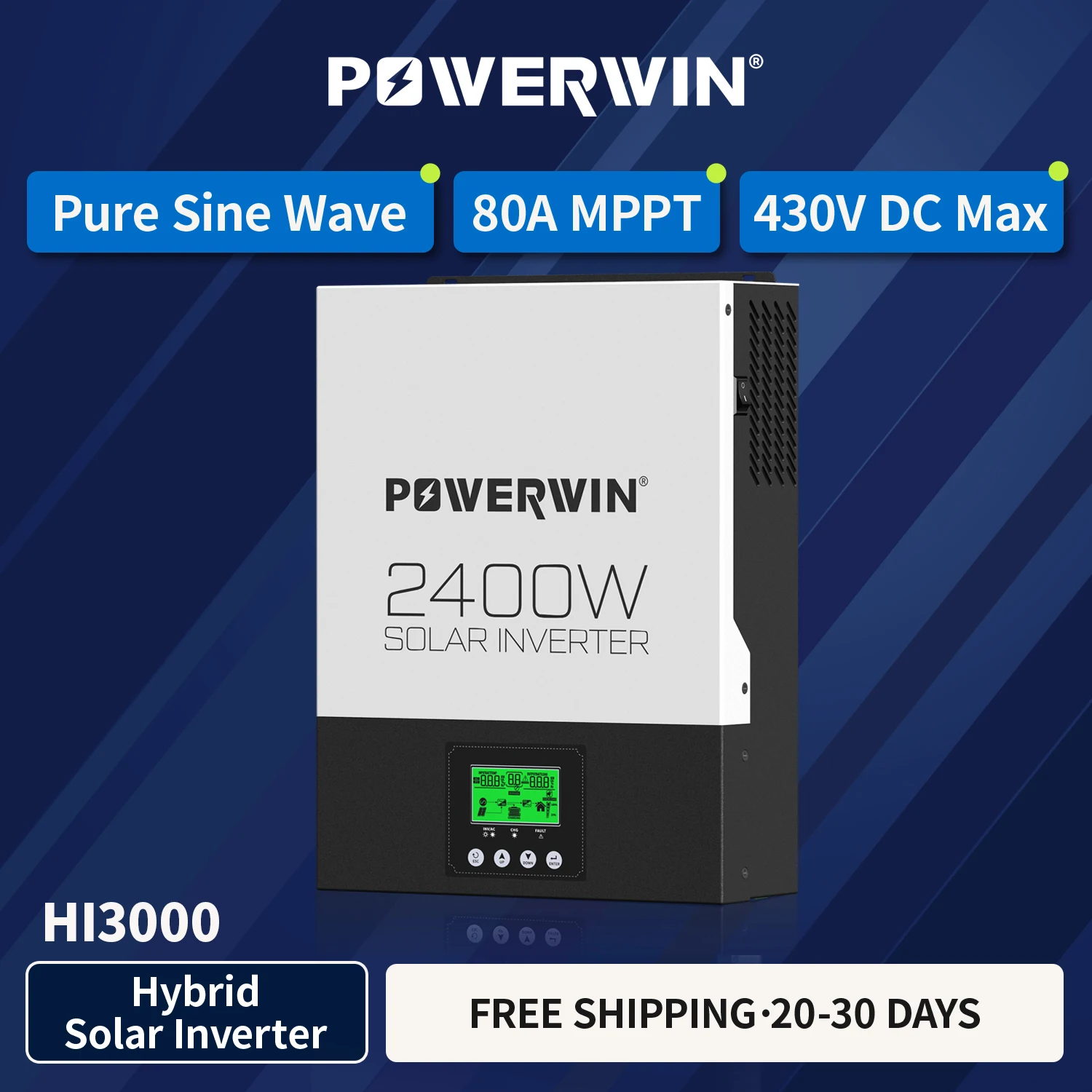 POWERWIN HI3000 2400W 24V Pure Sine Wave 80A Hybrid Solar Inverter LCD 12V Baterry MPPT Charge Controller Bidirectional Off-grid