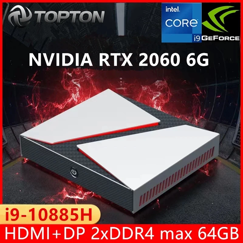 TOPTON-게임용 미니 컴퓨터, Nvidia RTX 2060 6G 인텔 i9 10885H i7 10870H DDR4 NVMe SSD 데스크탑 PC NUC 윈도우즈 11 4K UHD DP WiFi