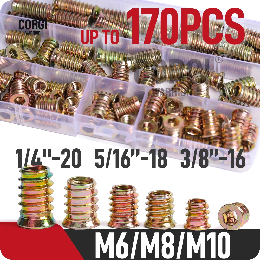 M6 M8 M10 Pieces up to 170 Wood Threaded Inserts Furniture Screw in Nut Bolt Assortment Kit 1/4-20 5/16-18 3/8-16 with Wrench