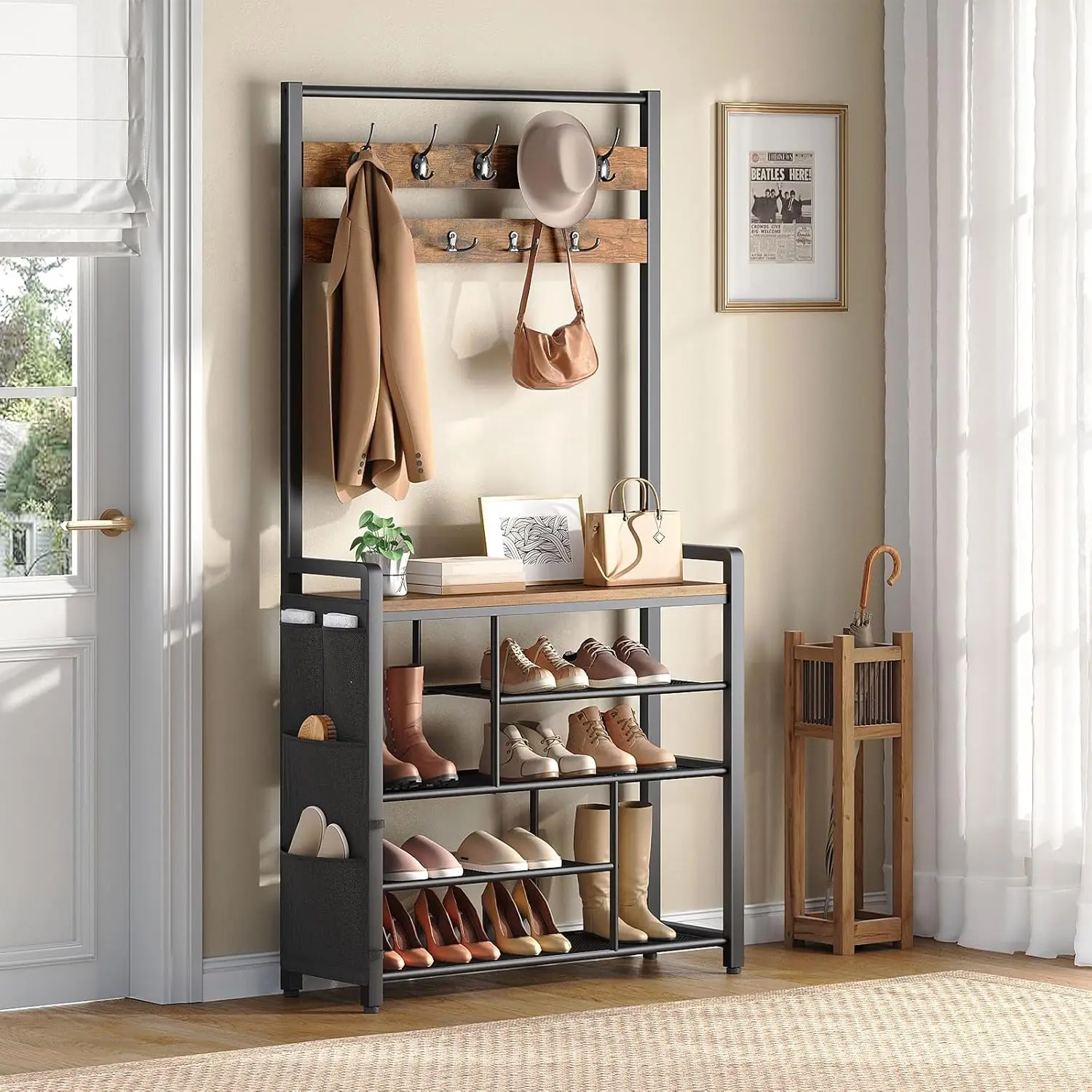 

Hall Tree with Bench, Shoe Rack with Coat Rack, Coat Rack with Shoe Storage, 5 Tier Shoe Storage Organizer with Oxford Fabric