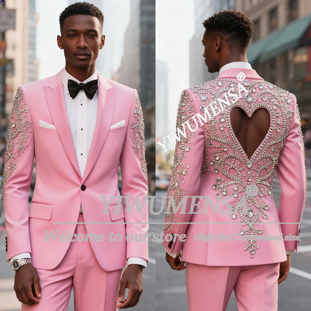 

Роскошные мужские костюмы с камнями из бисера на свадьбу, комплекты из 2 предметов, однобортный пиджак для жениха, дизайн с вырезами, индивидуальный мужской вечерний смокинг