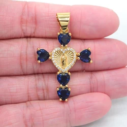 High Quality Blue Cubic Zirconia Women Heart Shape Catholic Saint Virgin Mary Blessing Gold Color Cross Pendant Jewelry